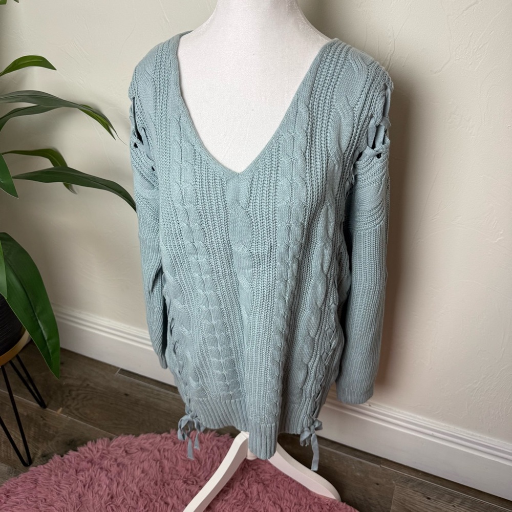 Soft Blue Lace-Up Cable Knit Sweater | 100% Cotton | Size M